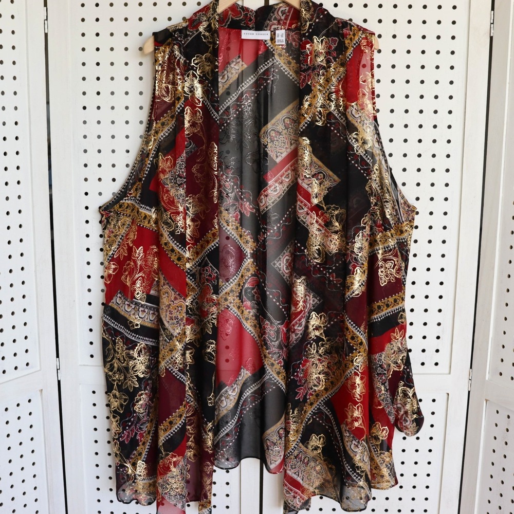 SUSAN GRAVER Printed Gold Red Black Floral Sheer Vest Womens SIZE 3X